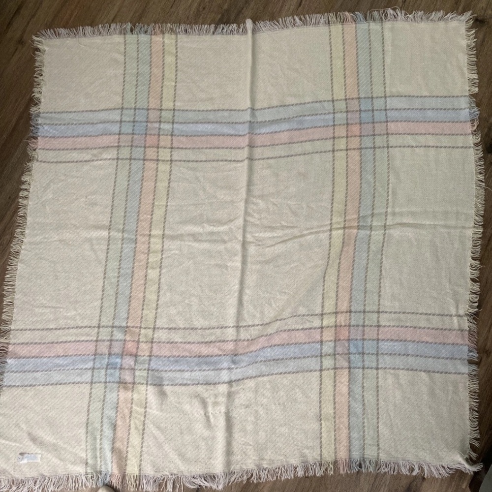 Vintage Soft Plaid Baby Blanket in Cream with Pastel Stripes 5’x5’